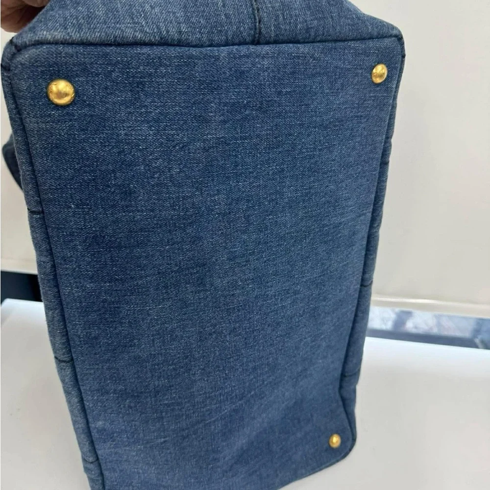 Prada Canapa Denim Tote with Gold Triangle Logo - Indigo Blue Large - Picture 5 of 10